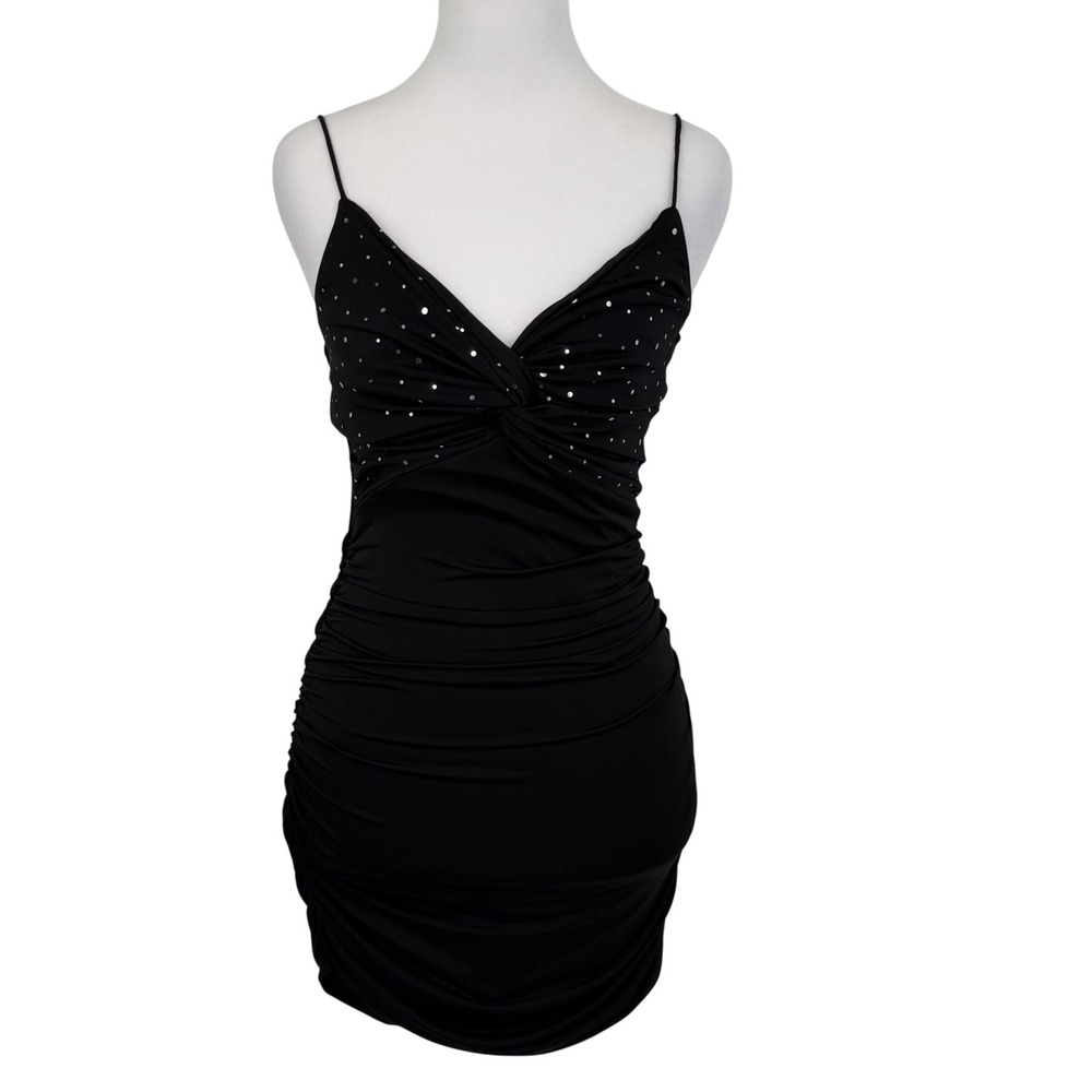 Lucy In The Sky Mini Dress Womens Small Black Sequin Ruched Twist Front Bodycon